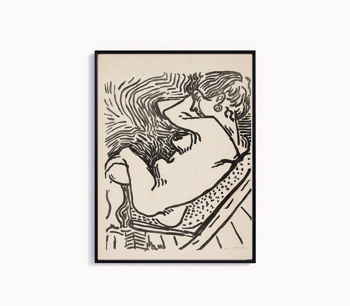 Framed art print of Le Grand Bois by Henri Matisse, in a slim black frame on a plain white wall