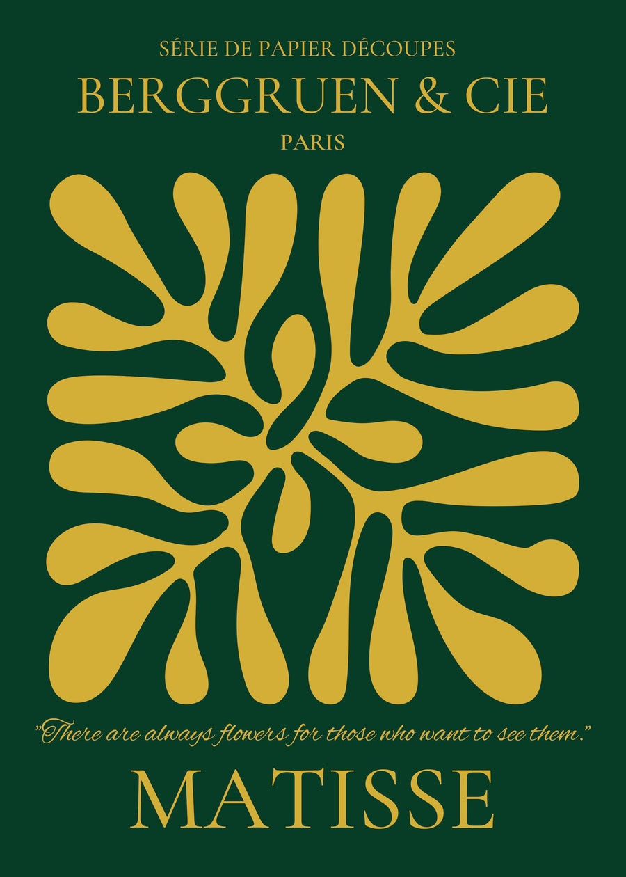 Henri Matisse — Leaf | Papiers Découpés in Forest Green and Gold shown to scale on a wall above a sofa
