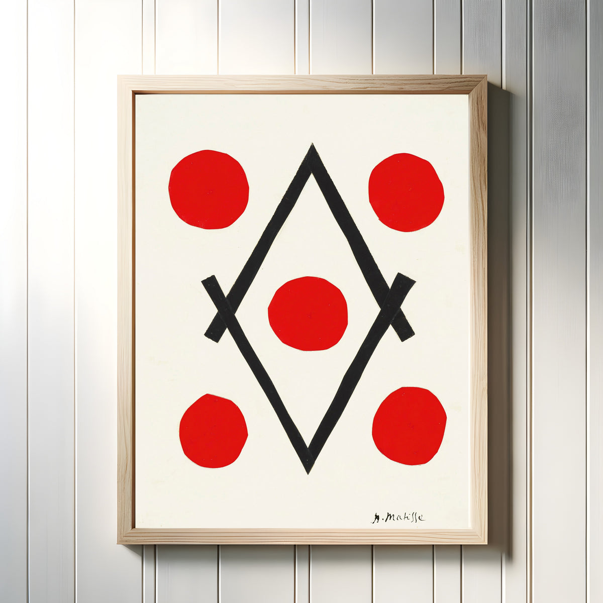 Framed art print of Losange by Henri Matisse, in a light wood frame on a white panelled wall