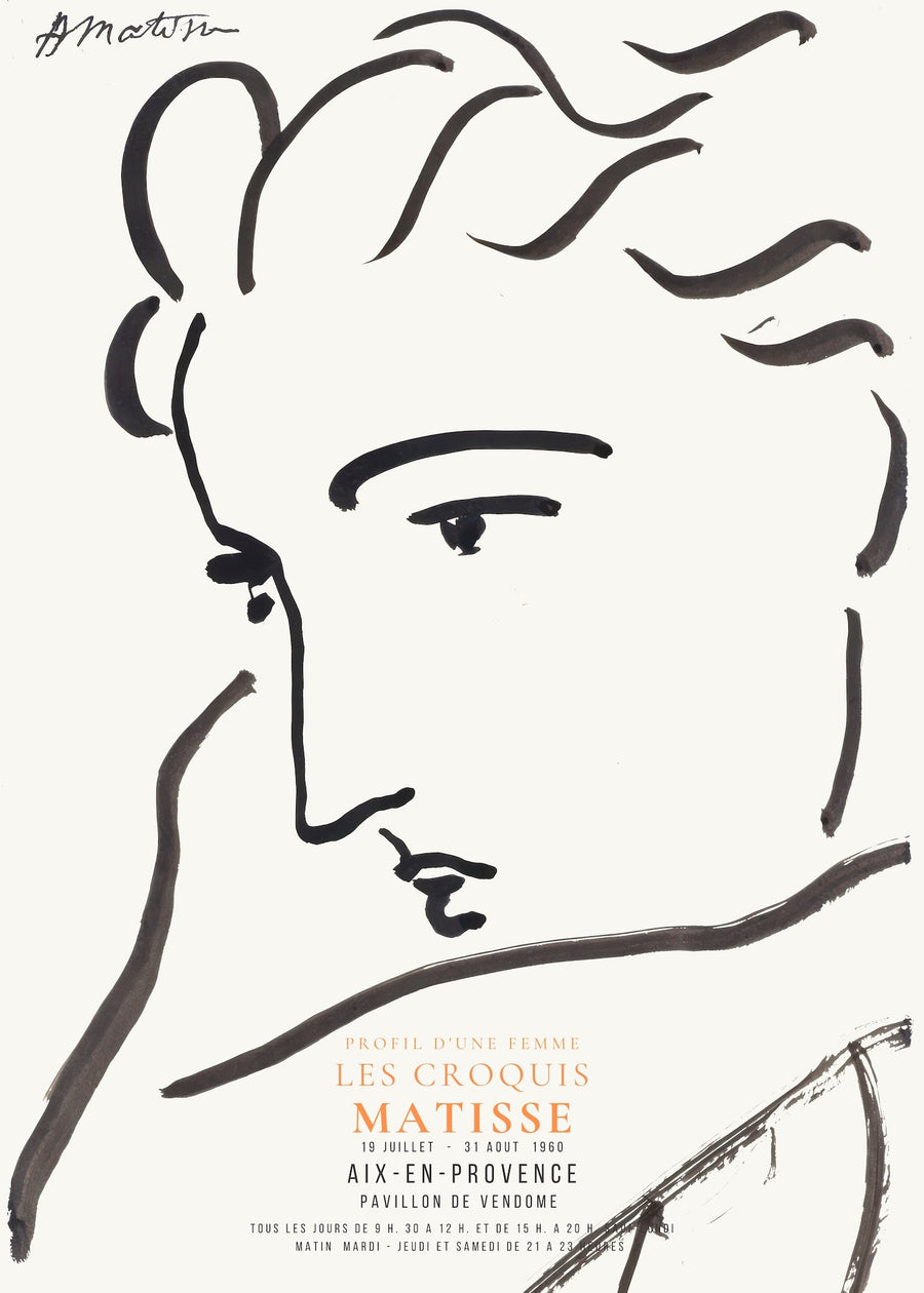 Henri Matisse — Profile of a Woman | Classic Fauvist Line Drawing shown to scale on a wall above a sofa