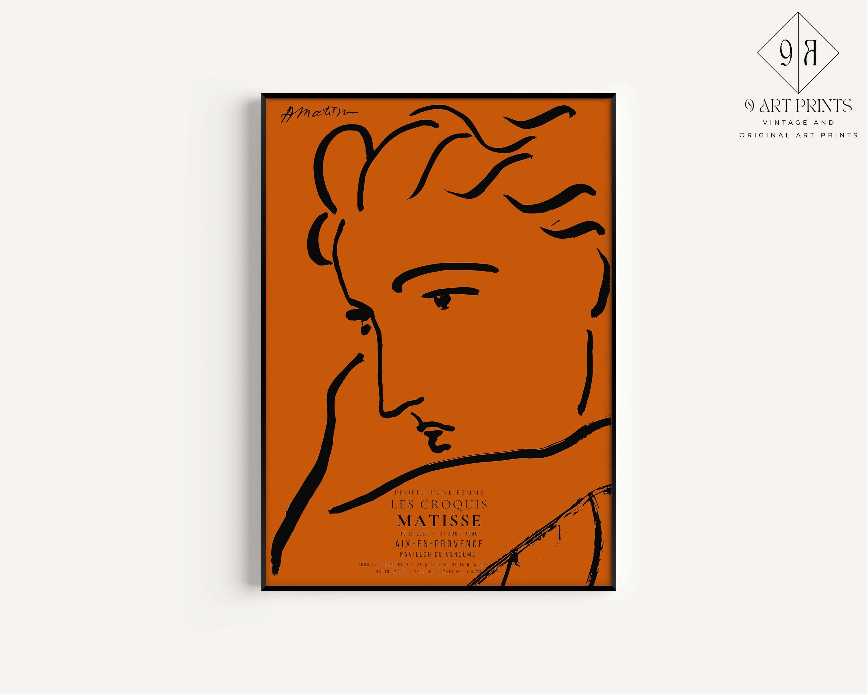 Henri Matisse - Profile of a Woman | Famous Sketch Art in Orange and Black (available framed or unframed) - 9ArtPrints