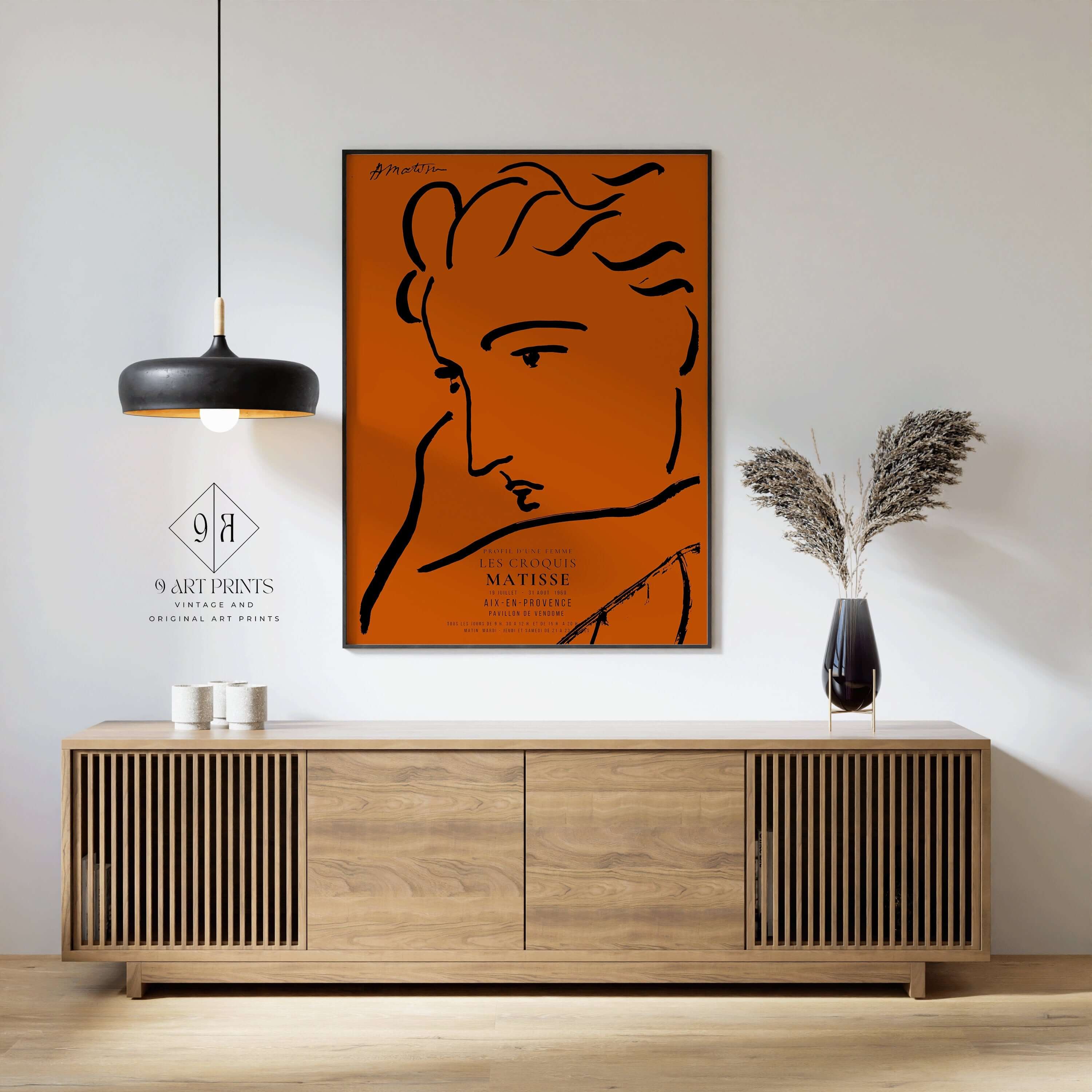 Henri Matisse - Profile of a Woman | Famous Sketch Art in Orange and Black (available framed or unframed) - 9ArtPrints