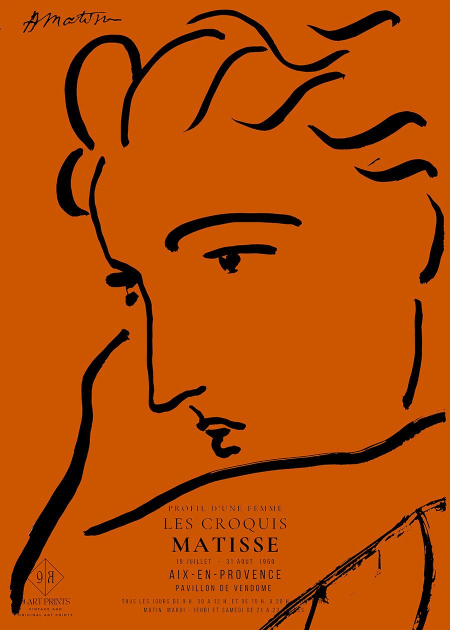 Henri Matisse - Profile of a Woman | Famous Sketch Art in Orange and Black (available handframed or unframed) - 9ArtPrints