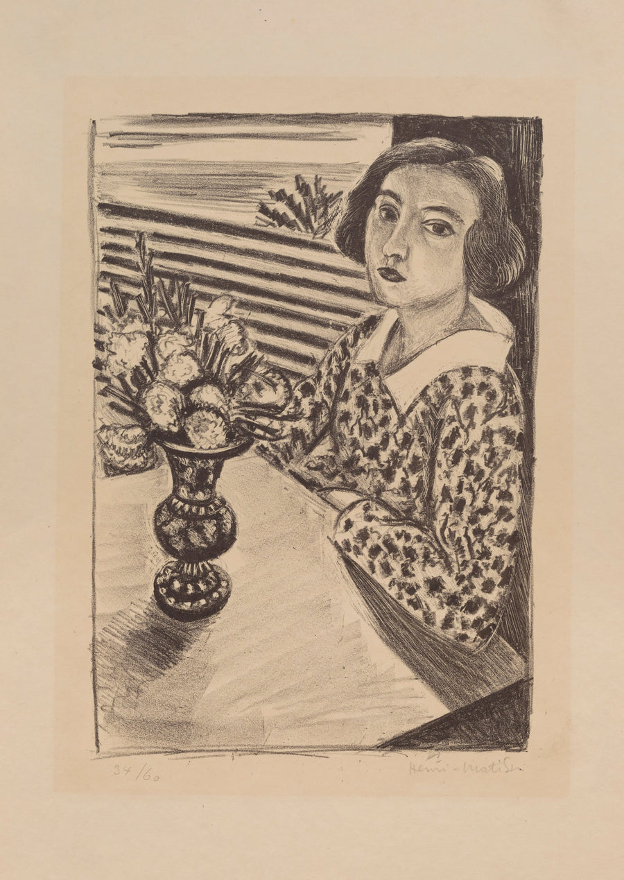 Henri Matisse — Seated Young Girl with a Bouquet of Flowers | Fine Art Print shown to scale on a wall above a sofa