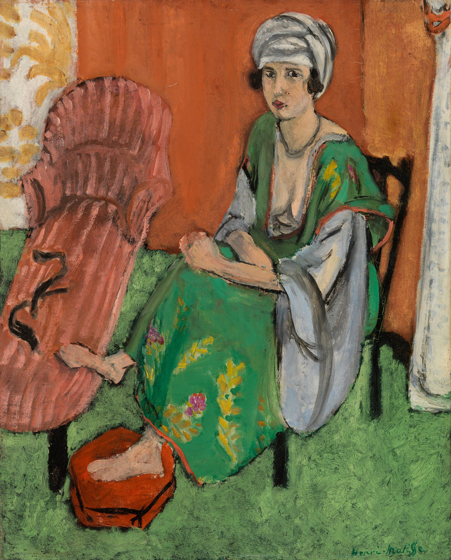 Henri Matisse — The Green Dress | Fine Art Print shown to scale on a wall above a sofa