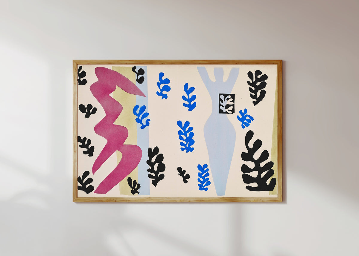 Framed art print of The Knife Thrower by Henri Matisse, in a light wood frame on a sunlit white wall