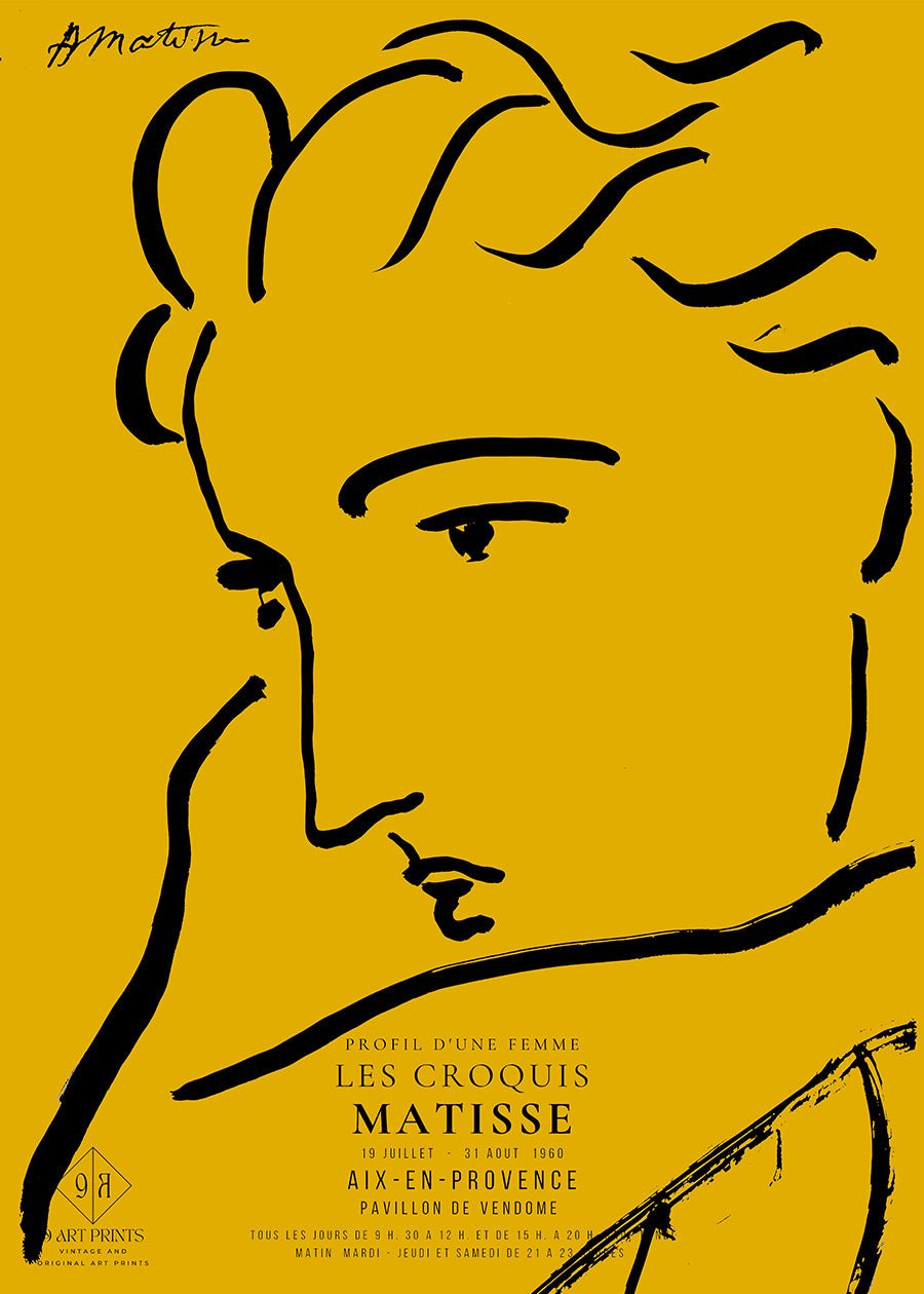 Henri Matisse Woman Profile Art Print: Yellow & Black Sketch, Giclée on Hahnemühle Paper - 9ArtPrints
