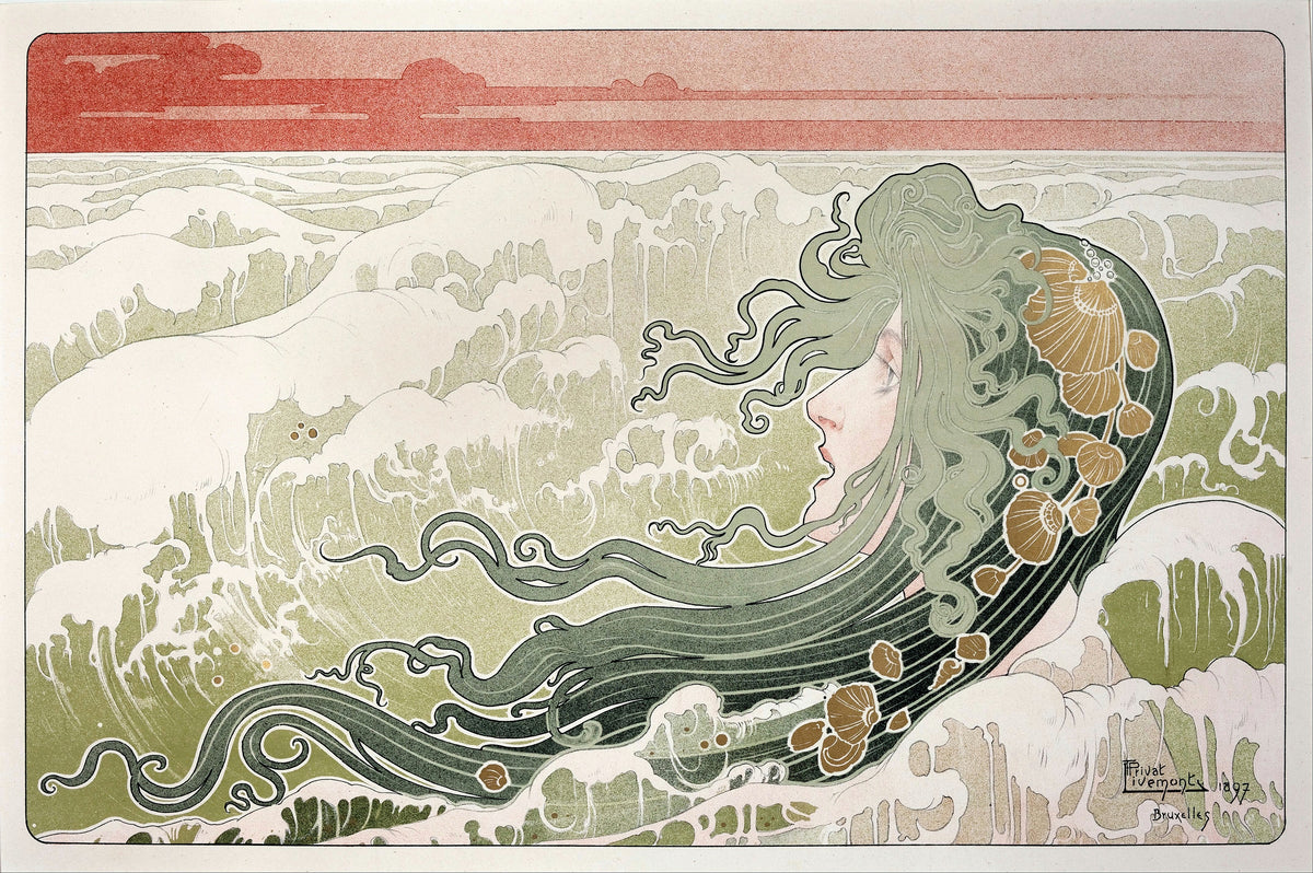 La Vague (The Wave) by Henri Privat-Livemont — A woman's face rises from the foam, green hair streaming on the waves