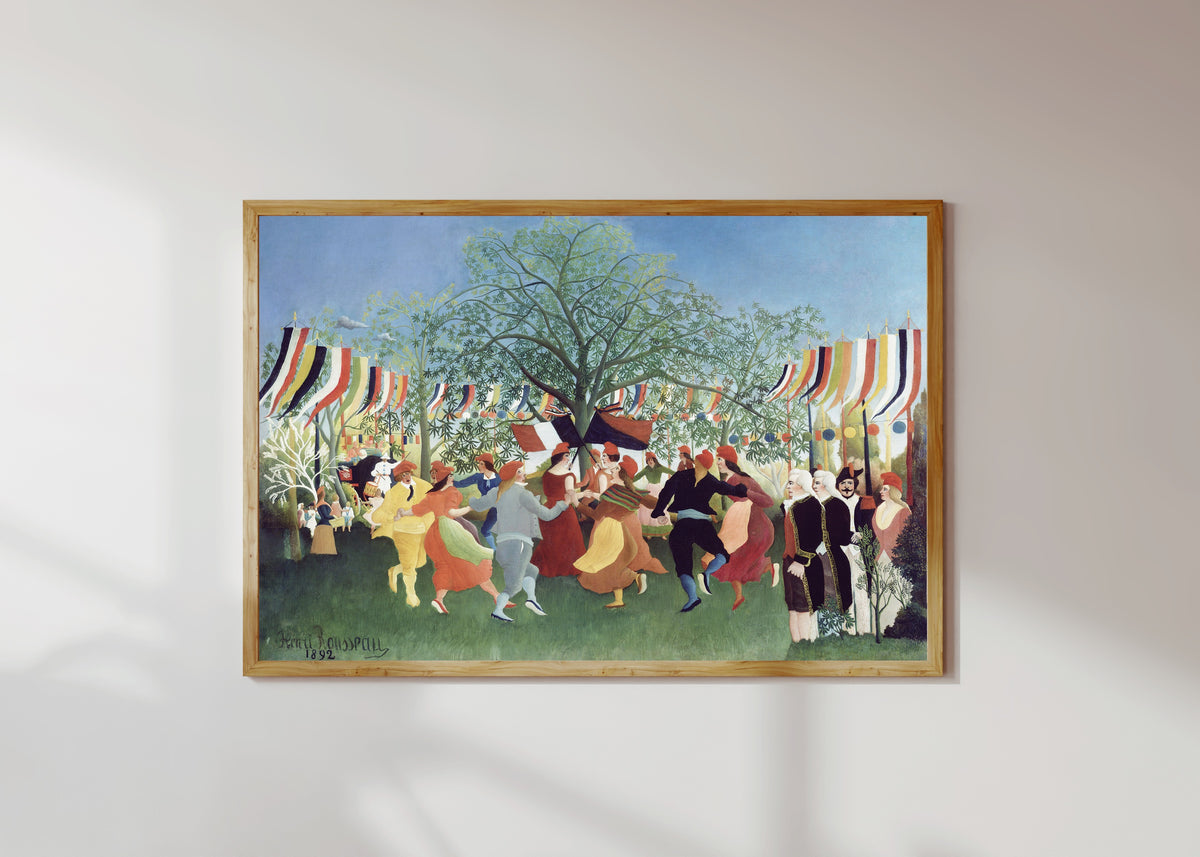 Framed art print of A Centennial of Independence by Henri Rousseau, in a light wood frame on a sunlit white wall