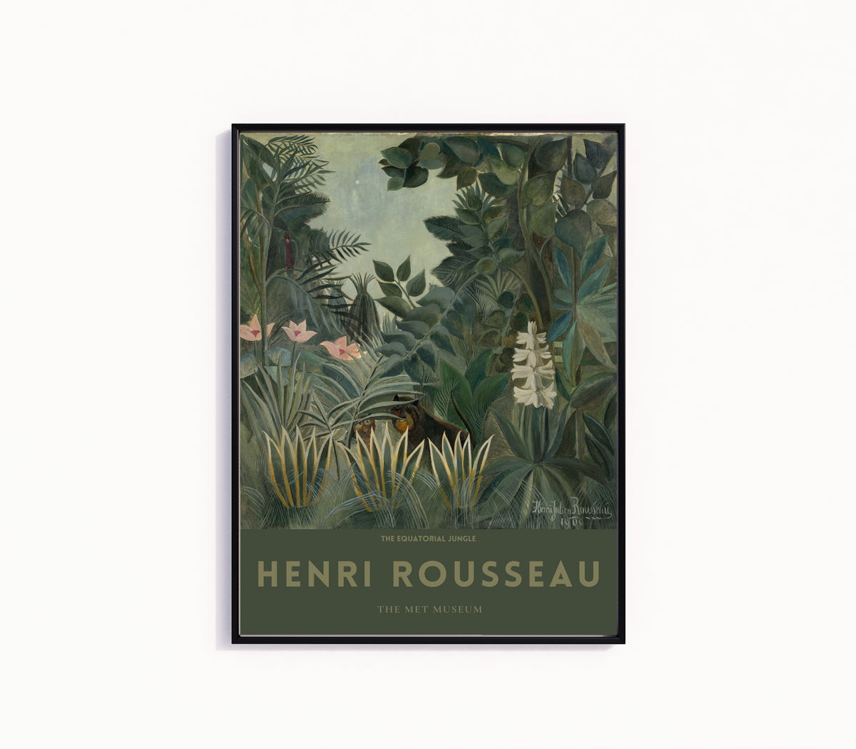 Framed art print of The Equatorial Jungle by Henri Rousseau, in a slim black frame on a plain white wall