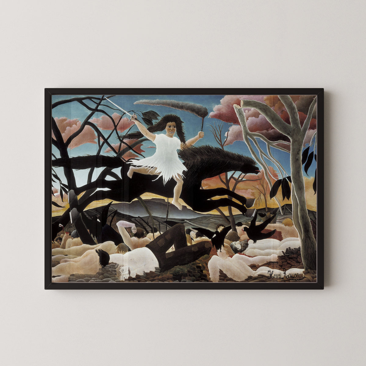 War (La Guerre) by Henri Rousseau — in a black frame on a pale wall