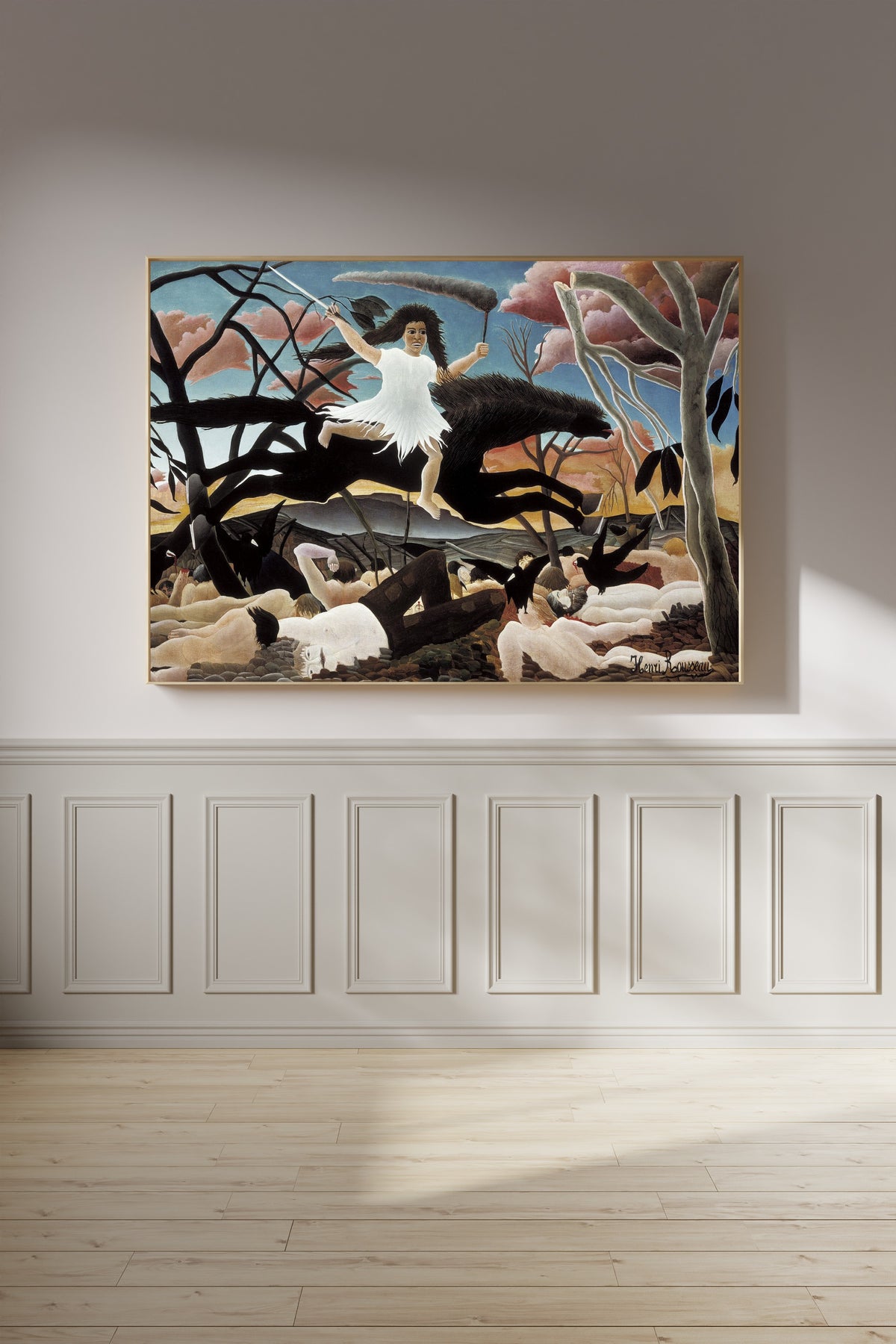 War (La Guerre) by Henri Rousseau — framed on a panelled wall in afternoon light