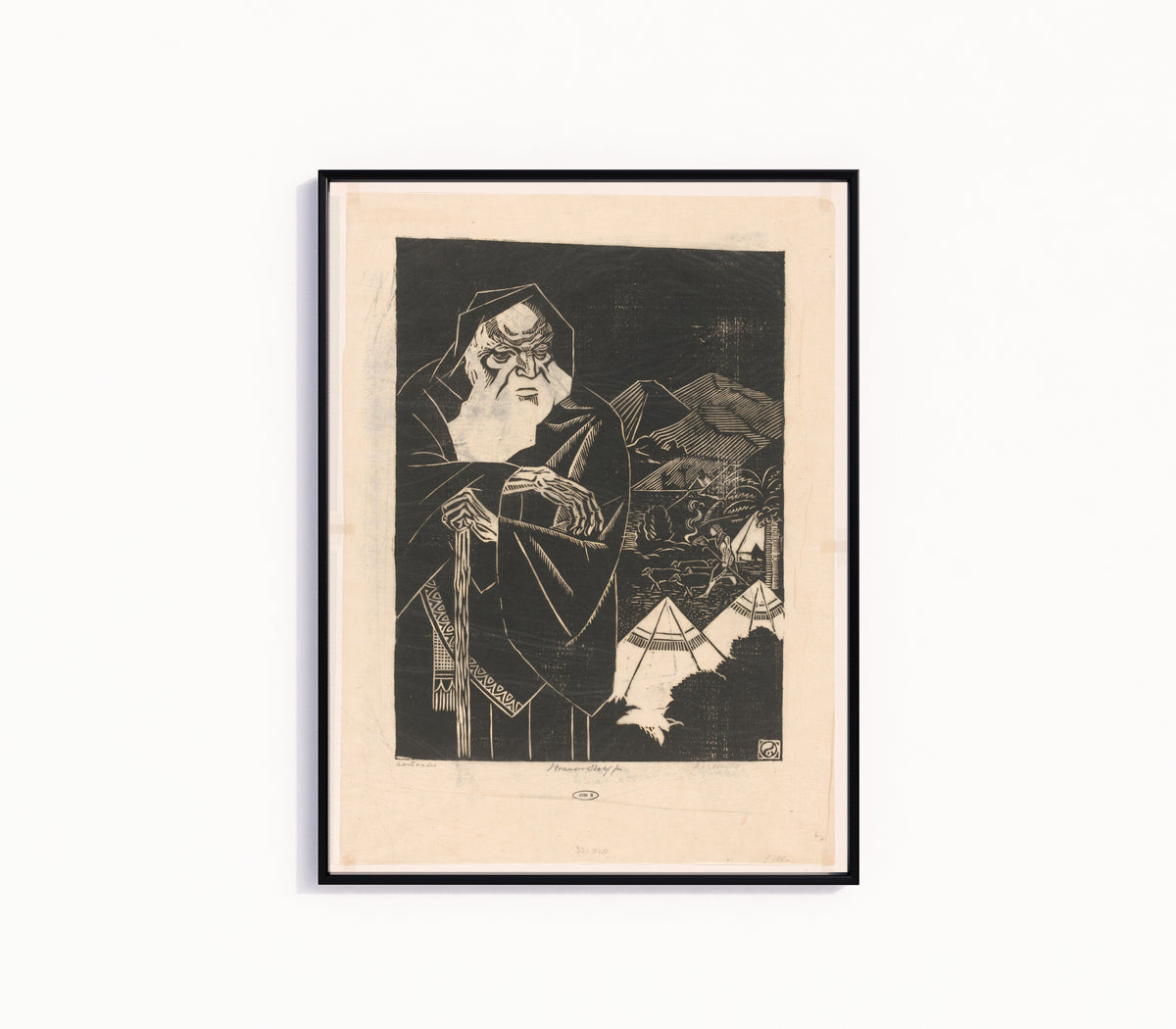 Framed art print of Aartsvader [Patriarch] by Henri van der Stok, in a slim black frame on a plain white wall