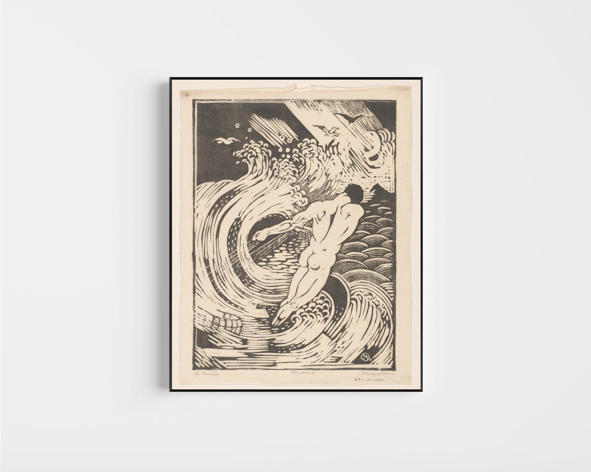Framed art print of De visscher [The fisherman] by Henri van der Stok, in a slim black frame on a plain white wall
