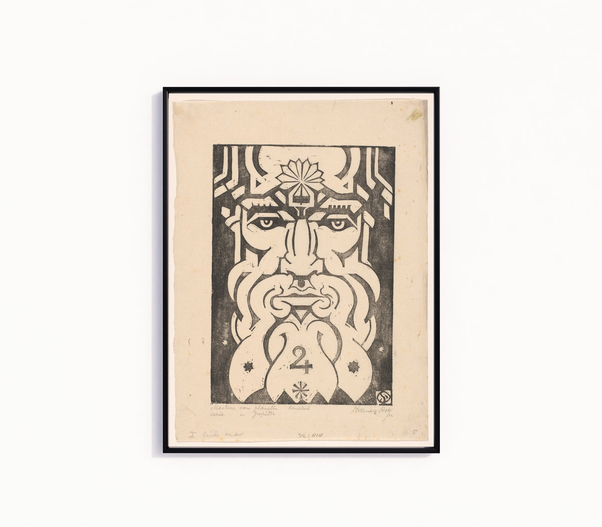 Framed art print of Jupiter by Henri van der Stok, in a slim black frame on a plain white wall