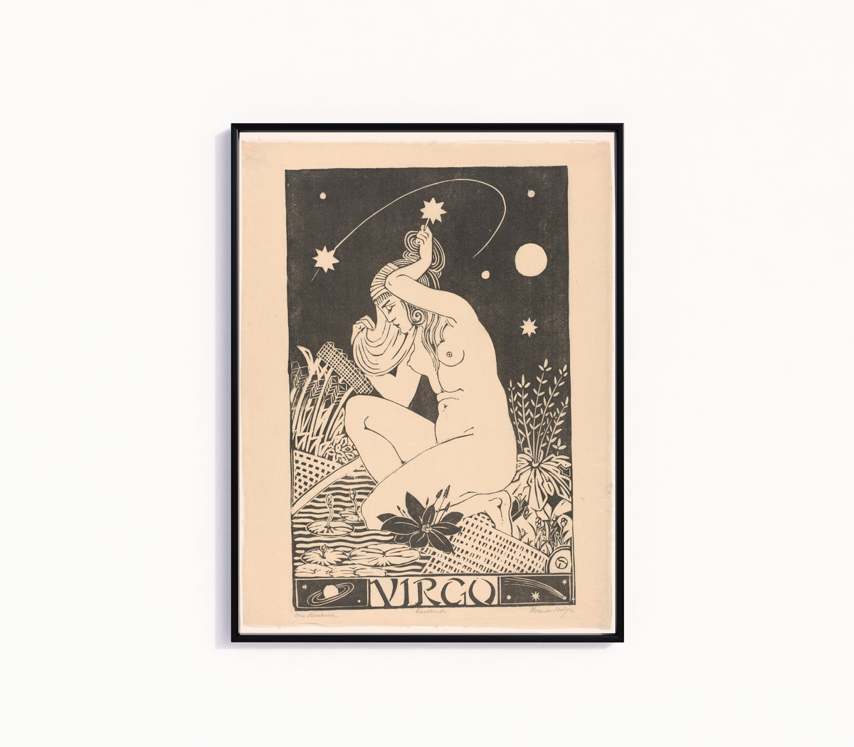 Framed art print of Sterrenbeeld maagd [Zodiac sign Virgo] by Henri van der Stok, in a slim black frame on a plain white wall