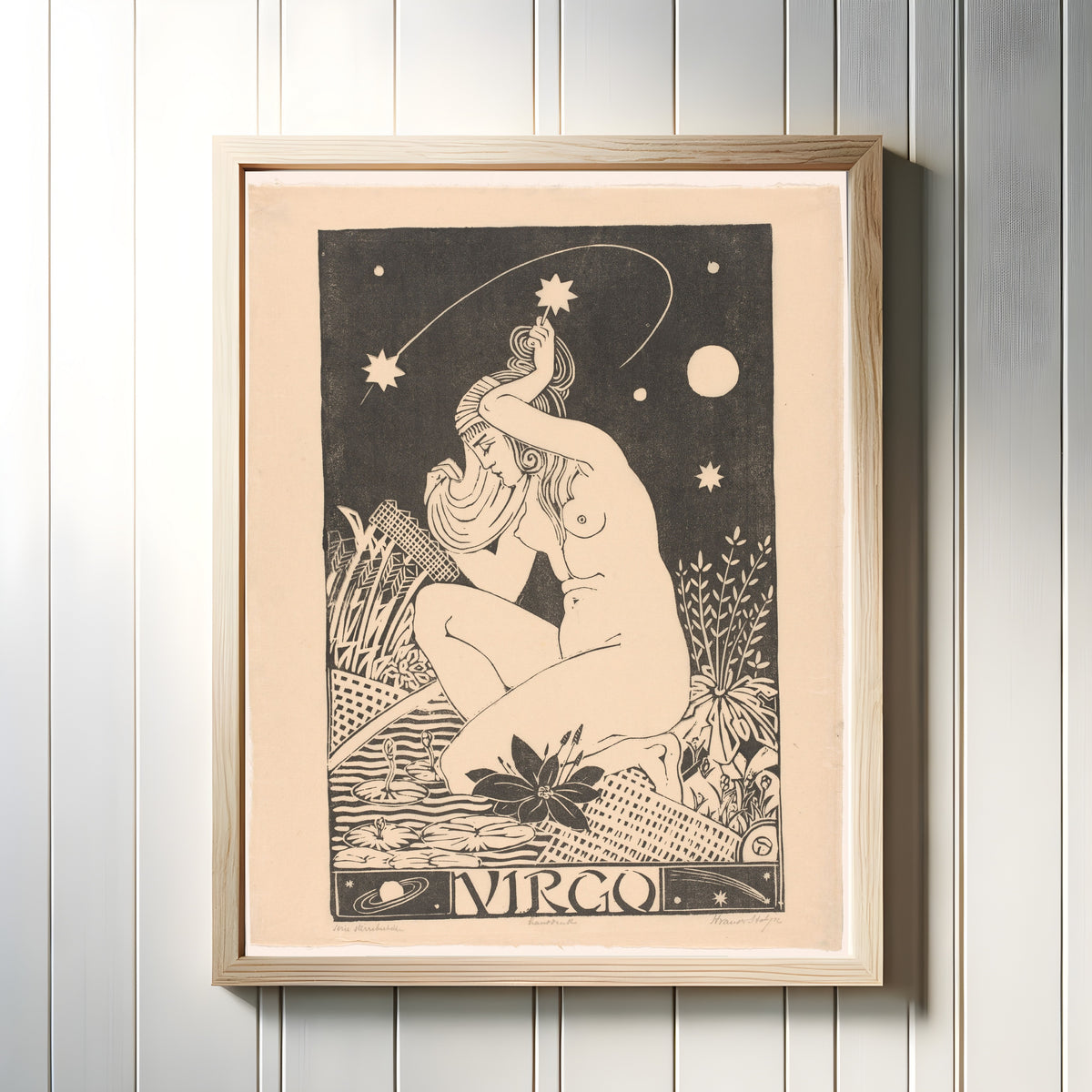 Framed art print of Sterrenbeeld maagd [Zodiac sign Virgo] by Henri van der Stok, in a light wood frame on a white panelled wall