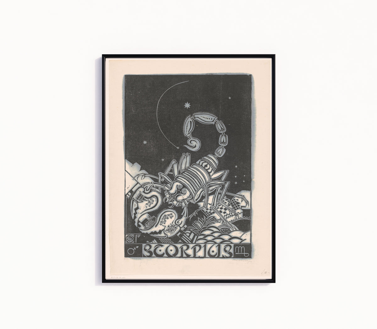 Framed art print of Sterrenbeeld schorpioen [Zodiac sign Scorpio] by Henri van der Stok, in a slim black frame on a plain white wall