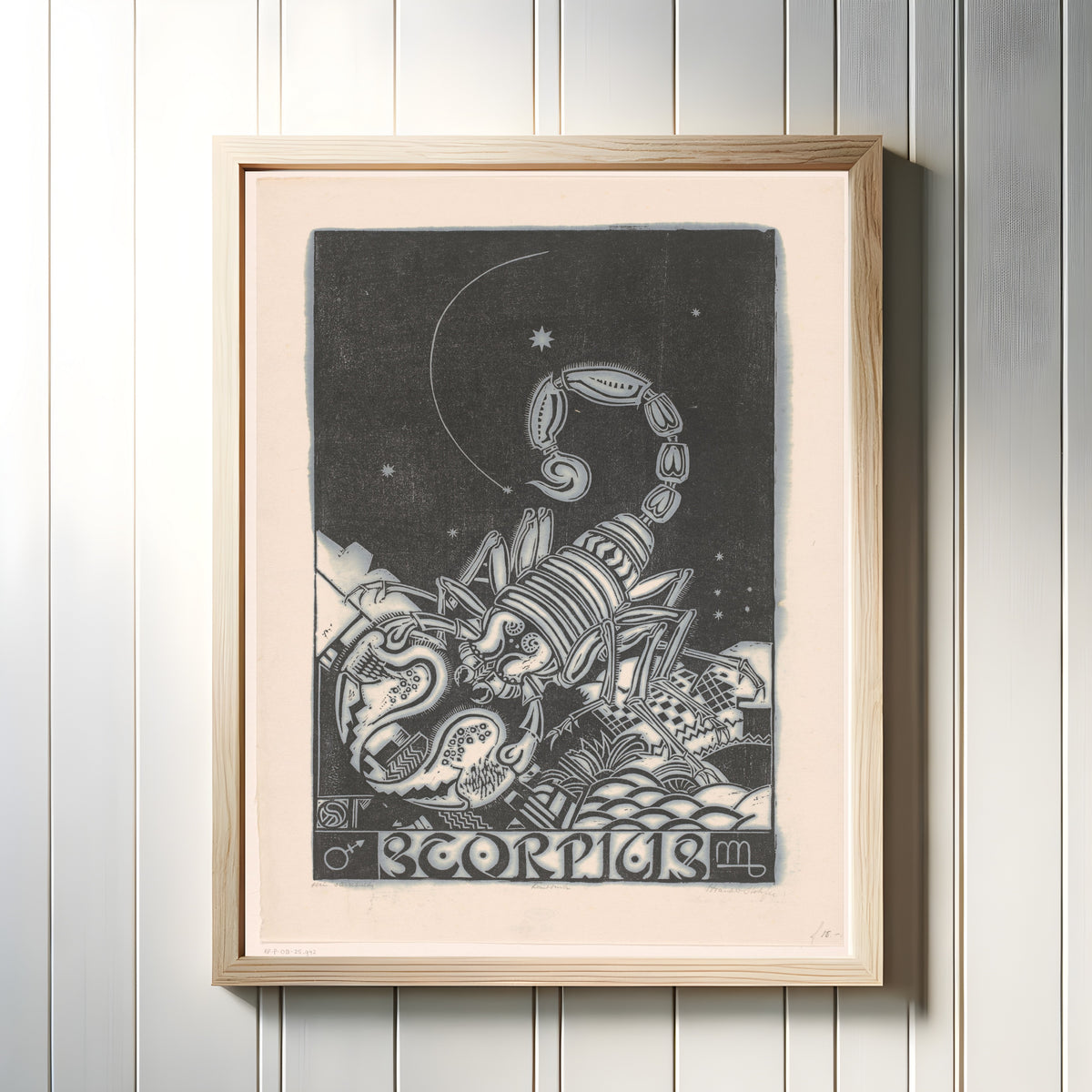 Framed art print of Sterrenbeeld schorpioen [Zodiac sign Scorpio] by Henri van der Stok, in a light wood frame on a white panelled wall
