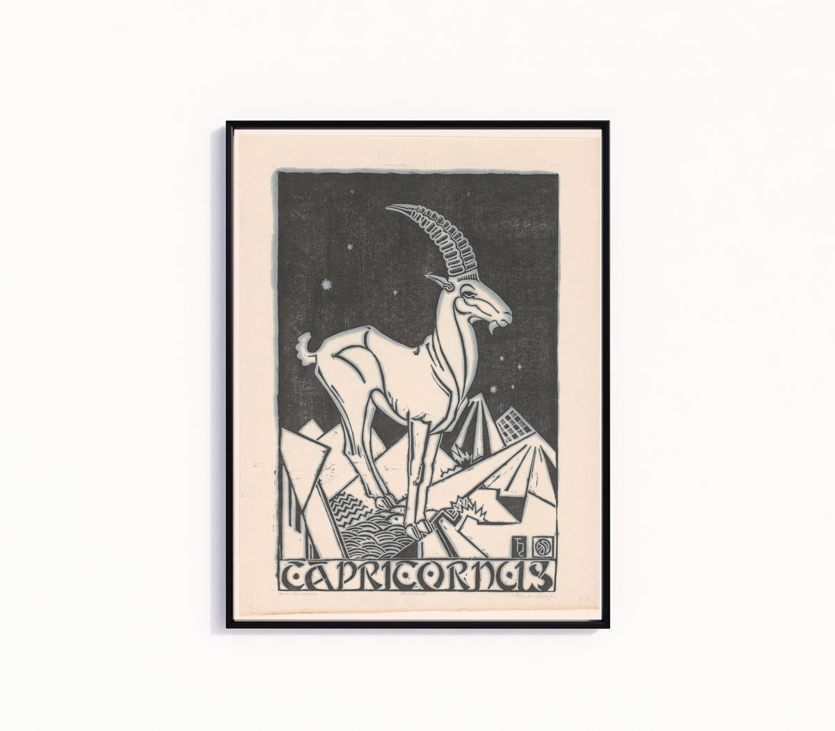 Framed art print of Sterrenbeeld steenbok [Zodiac sign Capricorn] by Henri van der Stok, in a slim black frame on a plain white wall