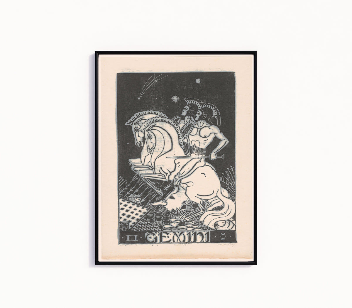 Framed art print of Sterrenbeeld tweelingen [Zodiac sign Gemini] by Henri van der Stok, in a slim black frame on a plain white wall