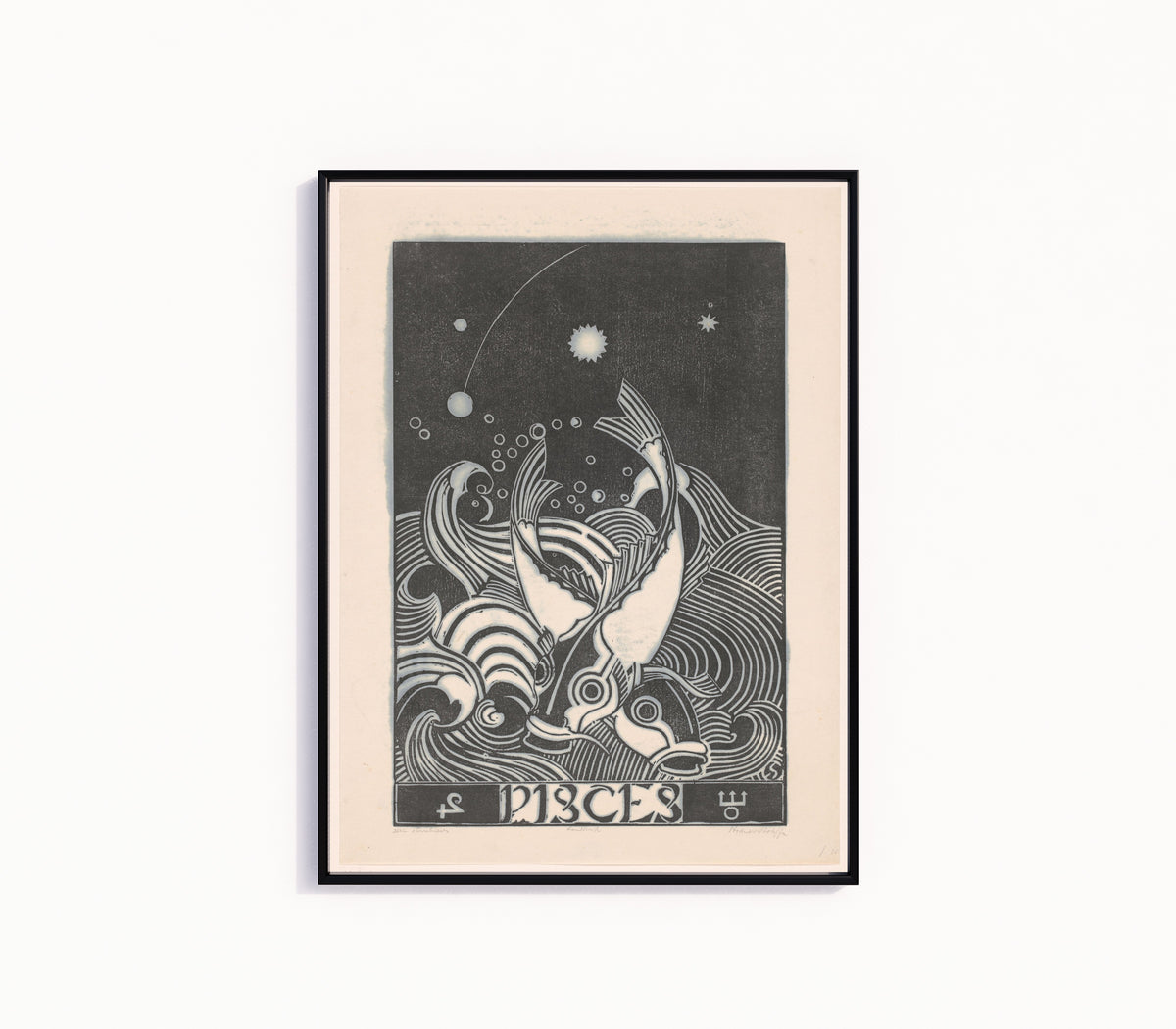 Framed art print of Sterrenbeeld vissen [Zodiac sign Pisces] by Henri van der Stok, in a slim black frame on a plain white wall