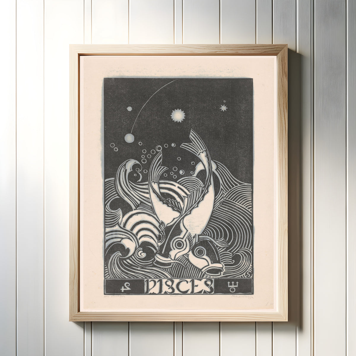 Framed art print of Sterrenbeeld vissen [Zodiac sign Pisces] by Henri van der Stok, in a light wood frame on a white panelled wall