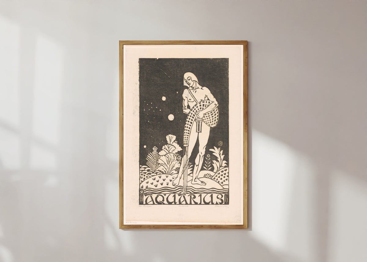 Framed art print of Sterrenbeeld waterman [Zodiac sign Aquarius] by Henri van der Stok, in a light wood frame on a sunlit white wall
