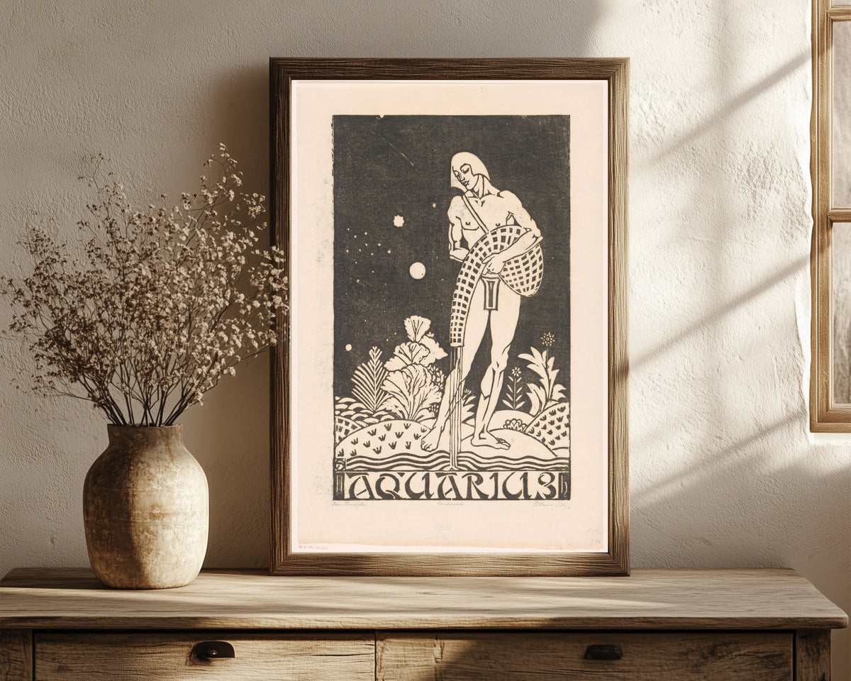 Framed art print of Sterrenbeeld waterman [Zodiac sign Aquarius] by Henri van der Stok, in a dark wood frame leaning on a rustic console beside dried flowers