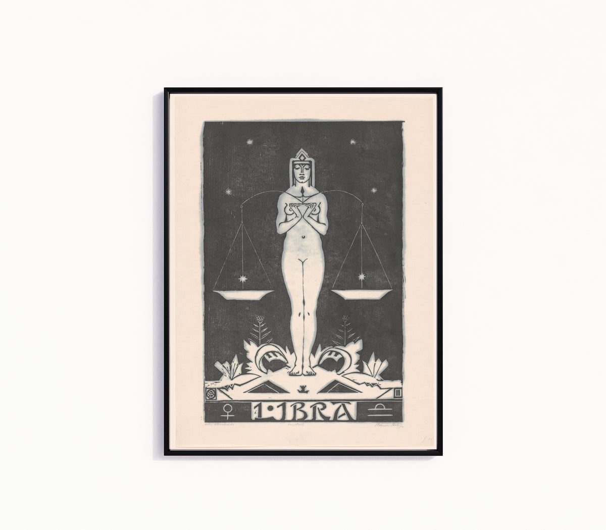 Framed art print of Sterrenbeeld weegschaal [Zodiac sign Libra] by Henri van der Stok, in a slim black frame on a plain white wall