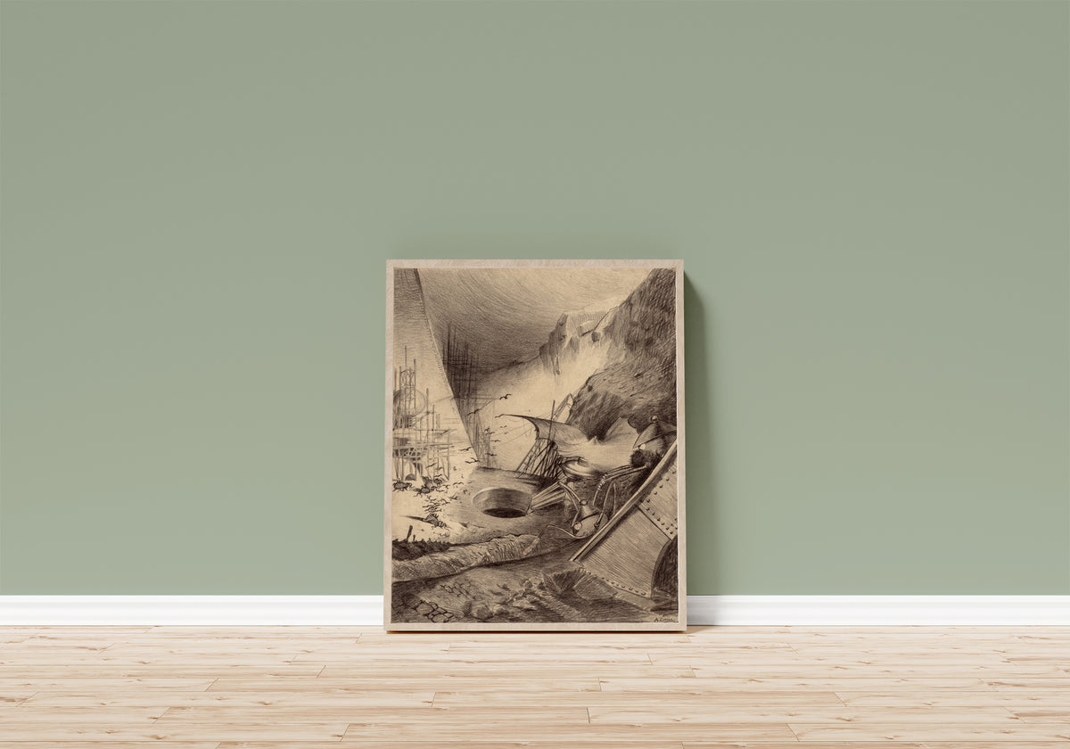 Framed art print of Dead Martians by Henrique Alvim Corrêa, in a light wood frame leaning on a sage green wall above a wooden floor