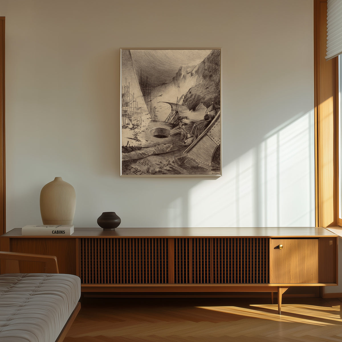 Framed art print of Dead Martians by Henrique Alvim Corrêa, in a thin light frame on a sunlit wall above a wooden sideboard