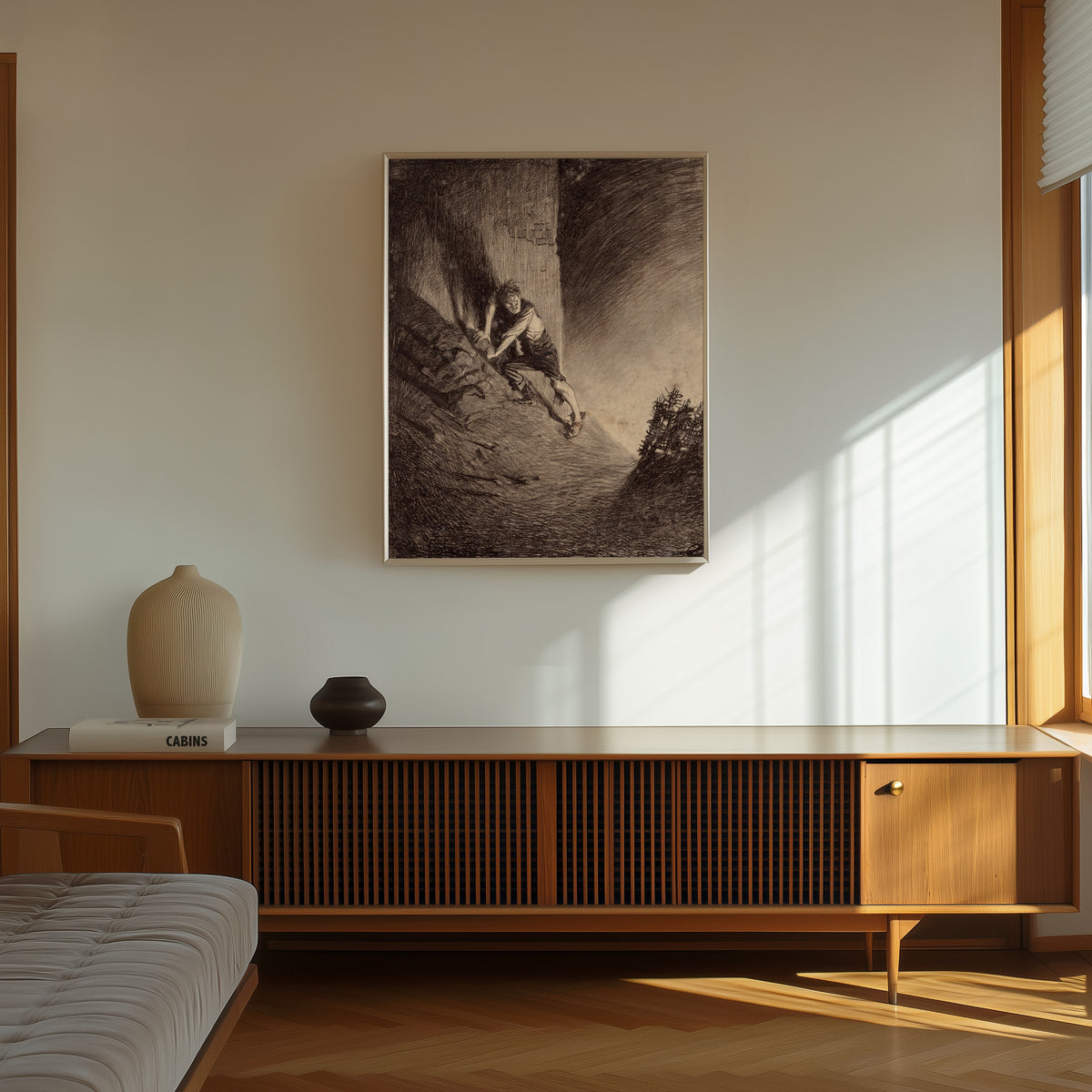 Framed art print of Frightened Human by Henrique Alvim Corrêa, in a thin light frame on a sunlit wall above a wooden sideboard