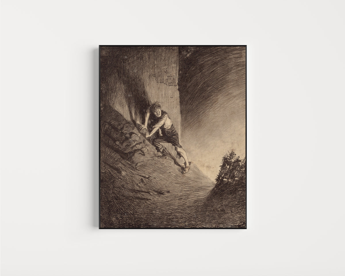 Framed art print of Frightened Human by Henrique Alvim Corrêa, in a slim black frame on a plain white wall