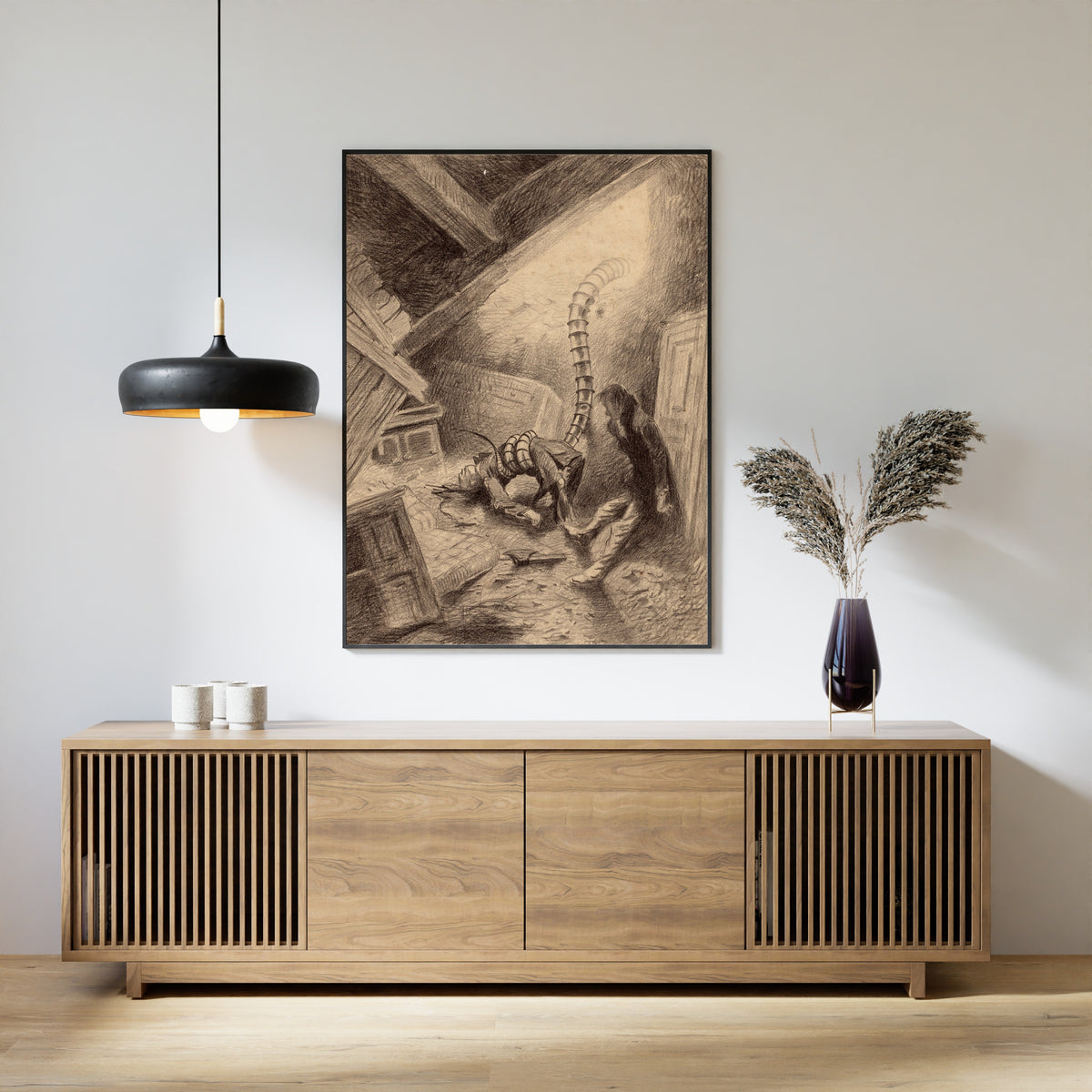 Framed art print of Handler Grabbing a Human by Henrique Alvim Corrêa, above a slatted wood sideboard