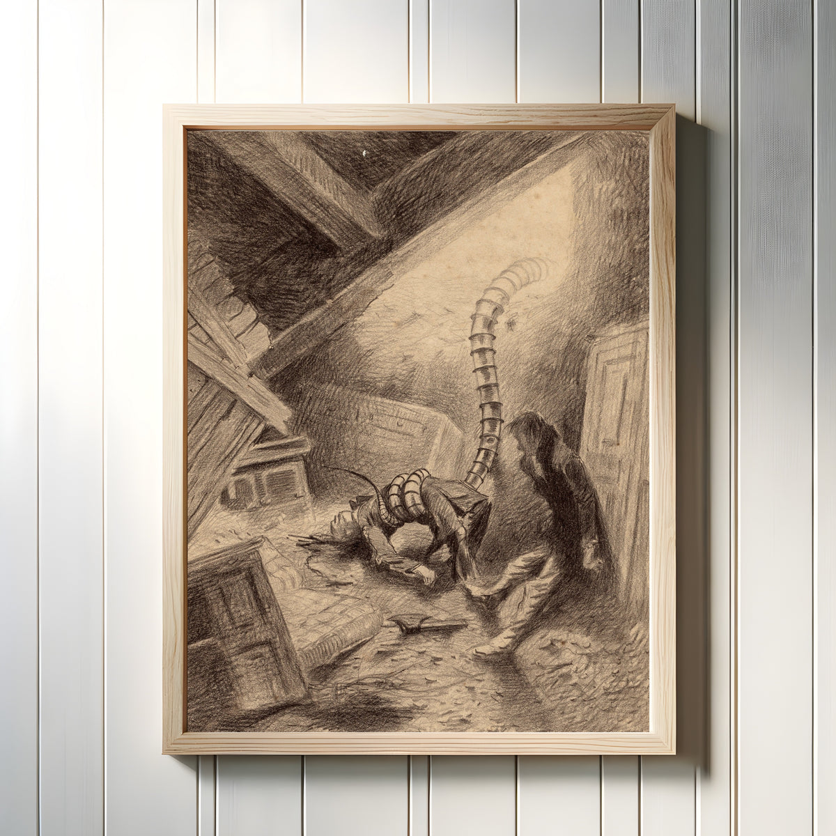 Framed art print of Handler Grabbing a Human by Henrique Alvim Corrêa, in a light wood frame on a white panelled wall