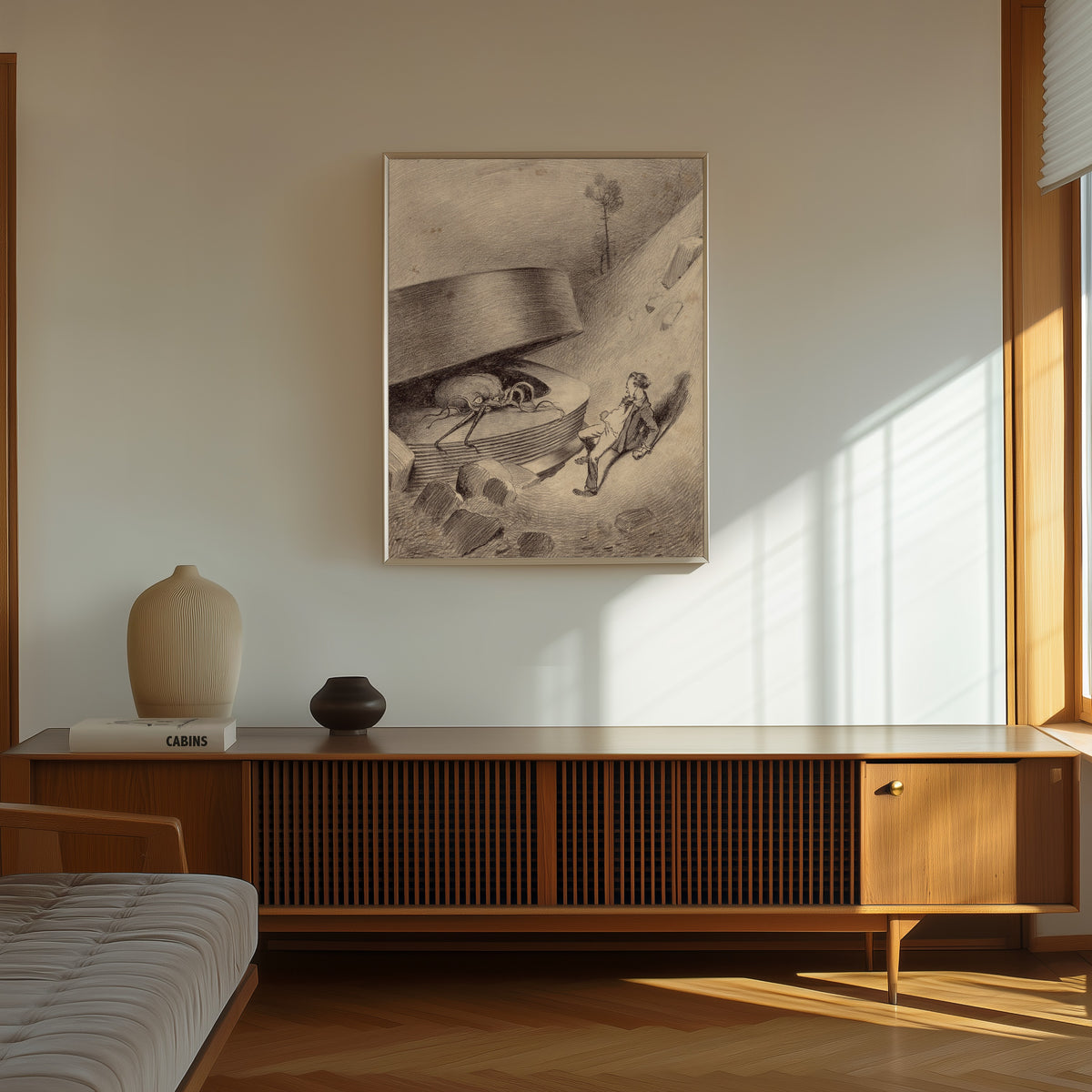 Framed art print of Martian Emerges by Henrique Alvim Corrêa, in a thin light frame on a sunlit wall above a wooden sideboard