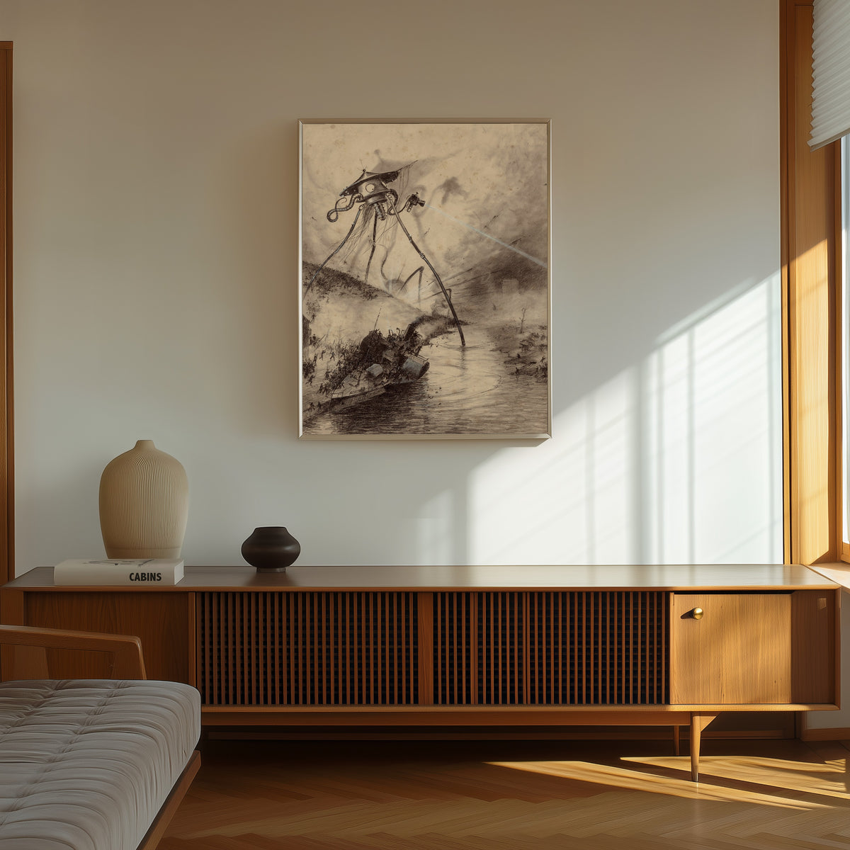 Framed art print of Martian Fighting Machine in the Thames Valley by Henrique Alvim Corrêa, in a thin light frame on a sunlit wall above a wooden sideboard
