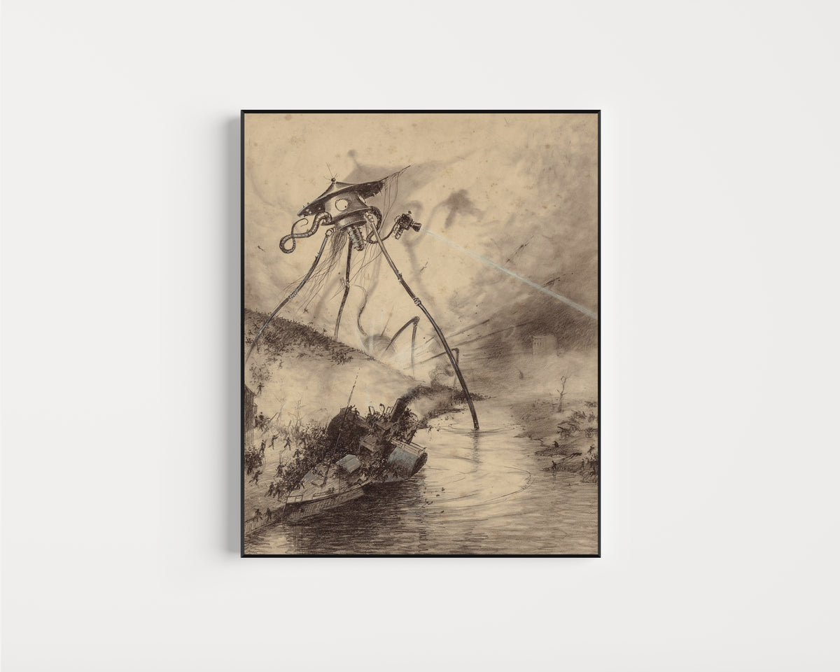 Framed art print of Martian Fighting Machine in the Thames Valley by Henrique Alvim Corrêa, in a slim black frame on a plain white wall