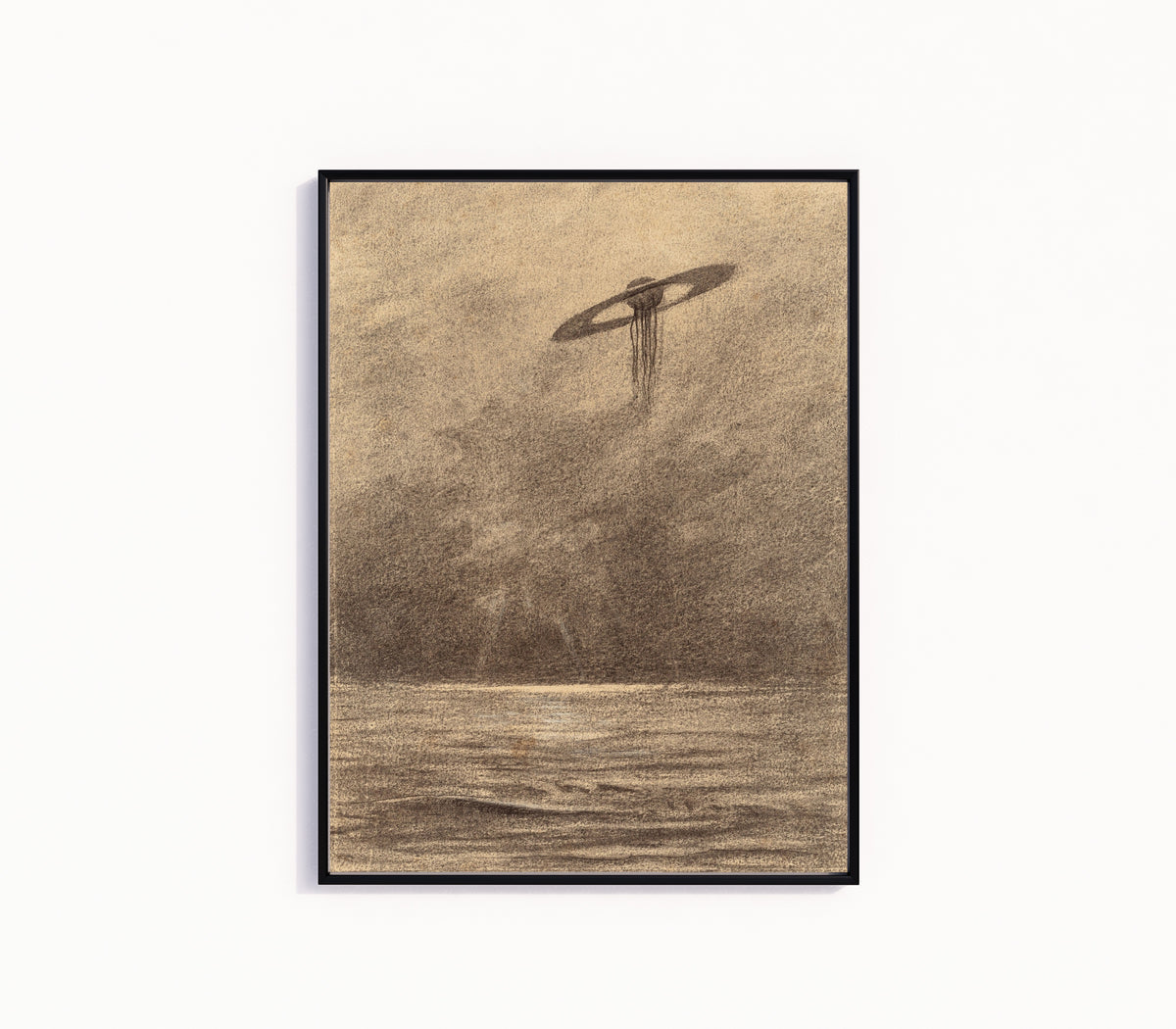 Framed art print of Martian Flying Machine by Henrique Alvim Corrêa, in a slim black frame on a plain white wall