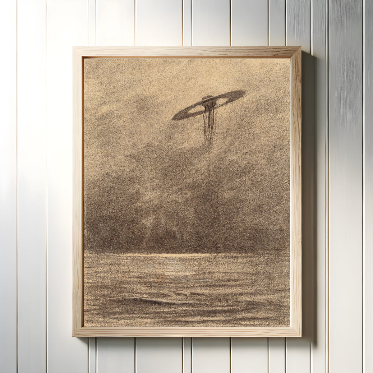 Framed art print of Martian Flying Machine by Henrique Alvim Corrêa, in a light wood frame on a white panelled wall