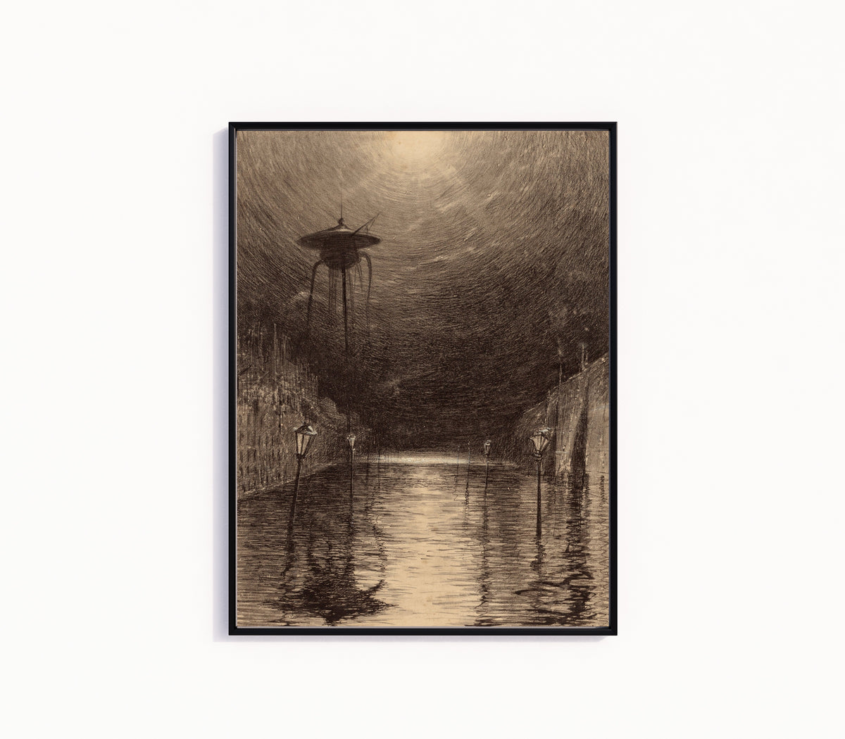 Framed art print of Martian Machine Over the Thames by Henrique Alvim Corrêa, in a slim black frame on a plain white wall