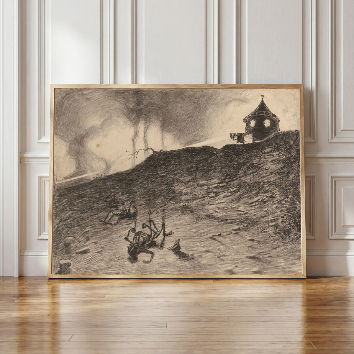 Framed art print of Martian Viewing the Carnage by Henrique Alvim Corrêa, in a light wood frame leaning against a panelled white wall
