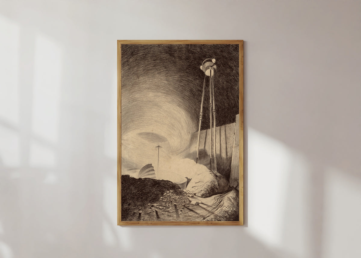 Framed art print of Martian Viewing the Vapour by Henrique Alvim Corrêa, in a light wood frame on a sunlit white wall