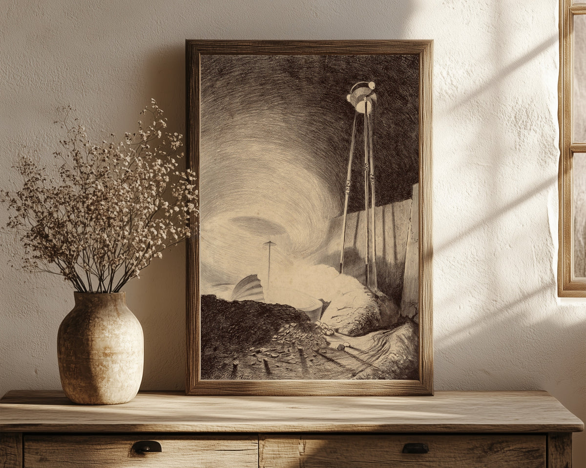 Framed art print of Martian Viewing the Vapour by Henrique Alvim Corrêa, in a dark wood frame leaning on a rustic console beside dried flowers