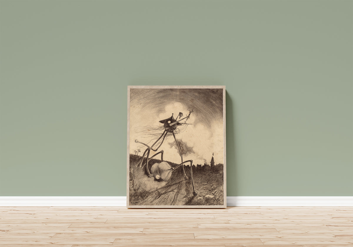 Framed art print of Martians on the Move by Henrique Alvim Corrêa, in a light wood frame leaning on a sage green wall above a wooden floor