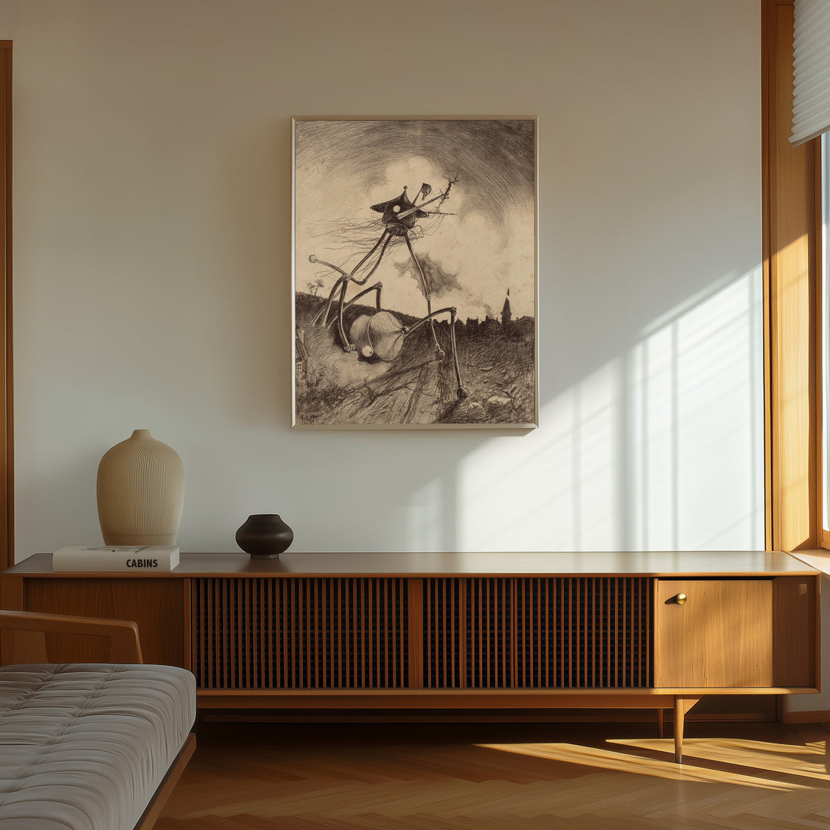 Framed art print of Martians on the Move by Henrique Alvim Corrêa, in a thin light frame on a sunlit wall above a wooden sideboard