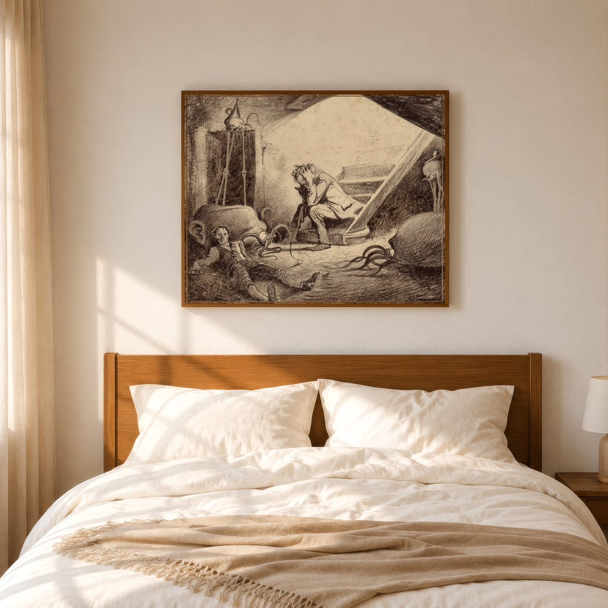 Framed art print of The Death of the Curate by Henrique Alvim Corrêa, in a slim wood frame above a bed in a sunlit bedroom