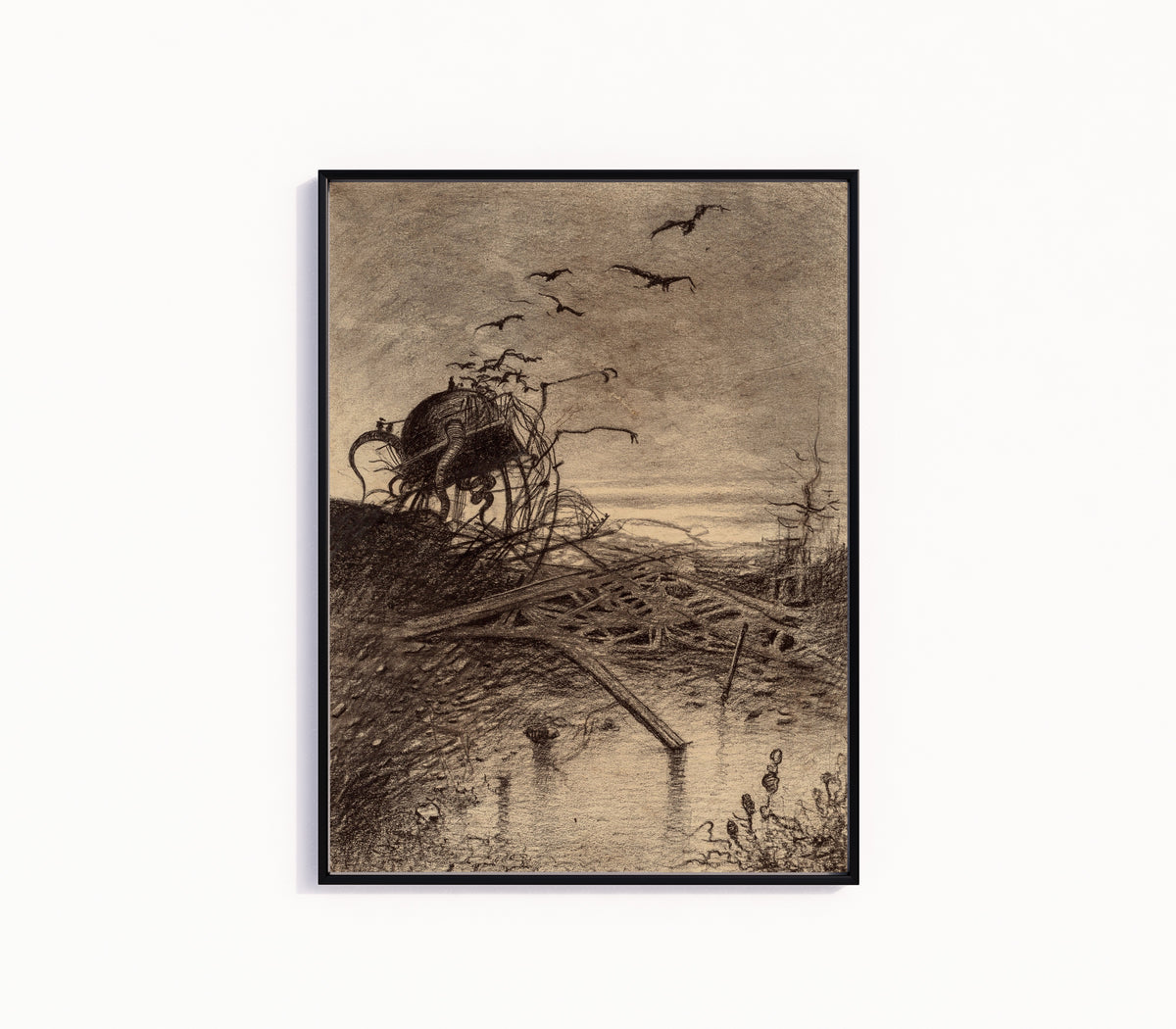 Framed art print of Wrecked Martian Handler by Henrique Alvim Corrêa, in a slim black frame on a plain white wall