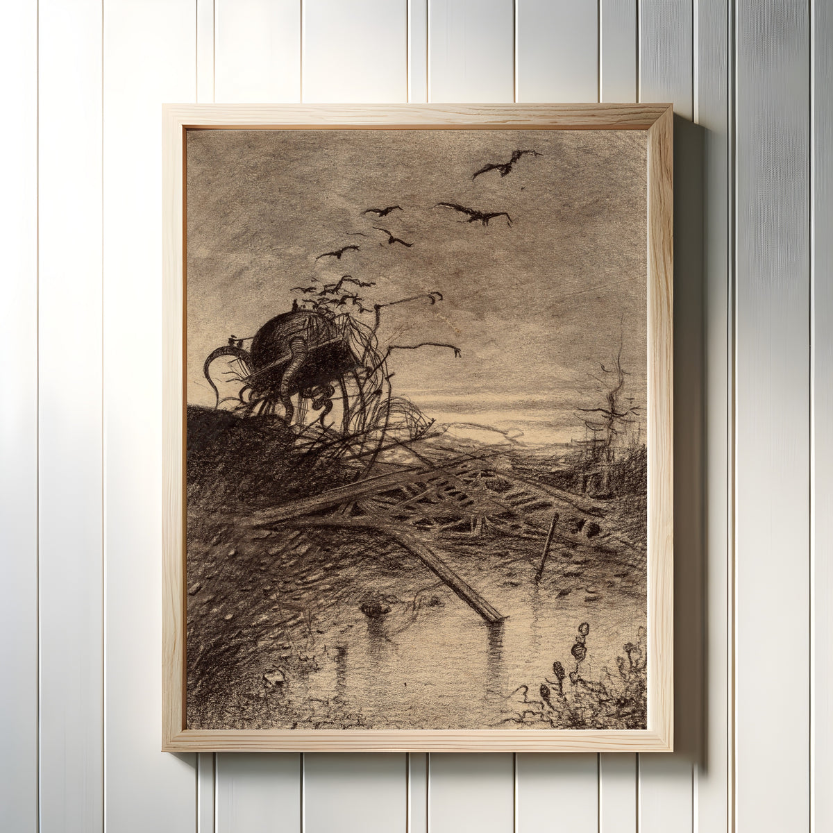 Framed art print of Wrecked Martian Handler by Henrique Alvim Corrêa, in a light wood frame on a white panelled wall